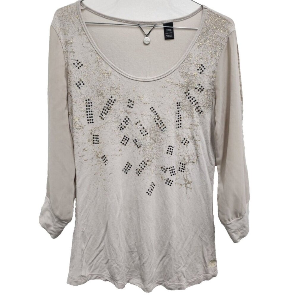 BKE The Buckle‎ Top Womens Small Cream Embellished Sheer Sleeve Fairy BOHO